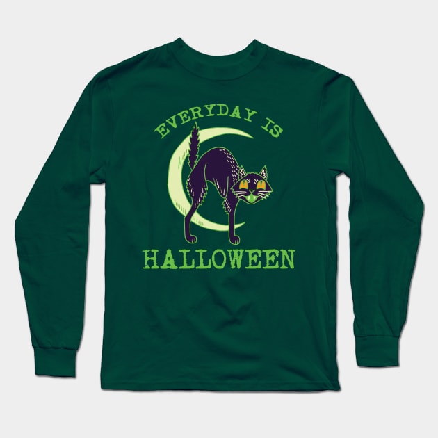 Everyday Is Halloween - Kitschy Cute Vintage Green Halloween Cat Long Sleeve T-Shirt by FatCatSwagger